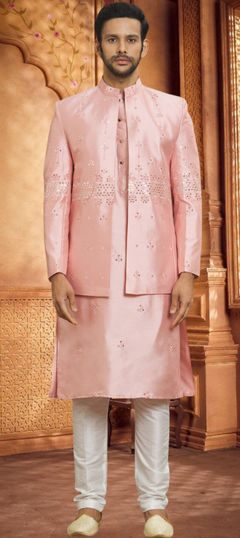 Pink and Majenta color Kurta Pyjama with Jacket in Silk fabric with Embroidered work