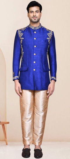 Blue color Jodhpuri Suit in Art Silk fabric with Embroidered work