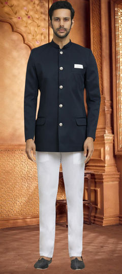 Blue color Jodhpuri Suit in Viscose fabric with Thread work