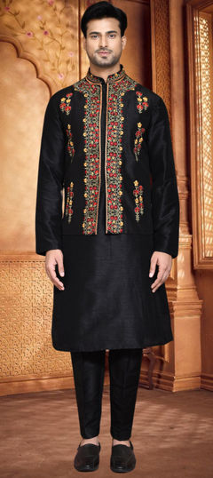 Black and Grey color Kurta Pyjama with Jacket in Art Silk fabric with Embroidered work