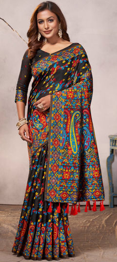 Festive, Reception, Traditional Black and Grey color Saree in Cotton fabric with Bengali Printed work : 1950176