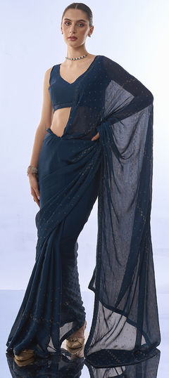 Blue color Saree in Chiffon fabric with Swarovski work