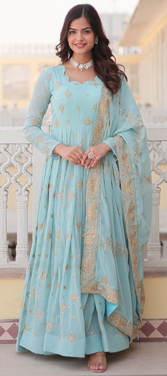 Blue color Gown in Faux Georgette fabric with Embroidered, Sequence work