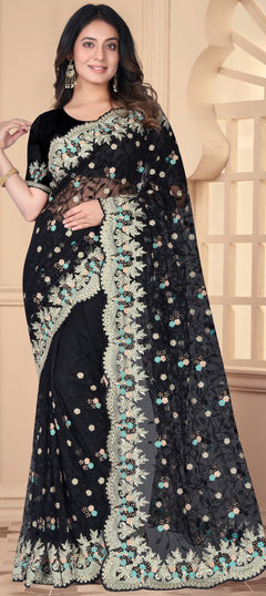 Bridal, Wedding Black and Grey color Saree in Net fabric with Classic Bugle Beads, Embroidered, Resham, Stone, Thread work : 1950244