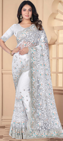 Bridal, Wedding White and Off White color Saree in Net fabric with Classic Bugle Beads, Embroidered, Resham, Stone, Thread work : 1950245