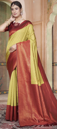 Party Wear, Traditional Green color Saree in Kanjeevaram Silk fabric with South Weaving work : 1950254