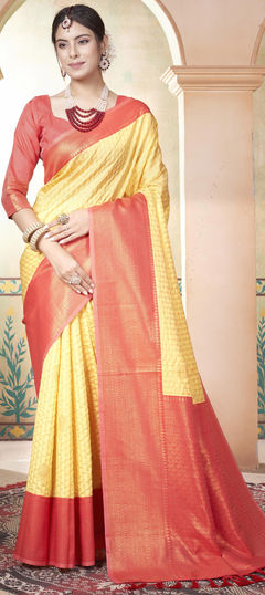 Party Wear, Traditional Yellow color Saree in Kanjeevaram Silk fabric with South Weaving work : 1950255