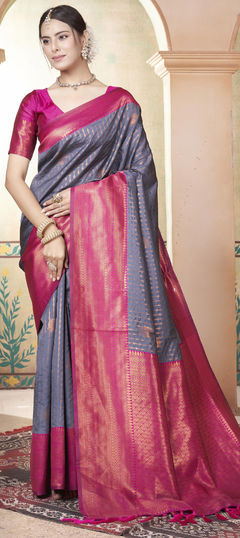 Party Wear, Traditional Black and Grey color Saree in Kanjeevaram Silk fabric with South Weaving work : 1950256