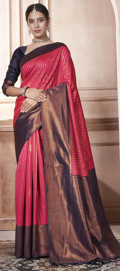 Party Wear, Traditional Pink and Majenta color Saree in Kanjeevaram Silk fabric with South Weaving work : 1950258