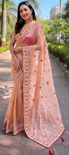 Pink and Majenta color Saree in Organza Silk fabric with Embroidered, Resham, Thread work