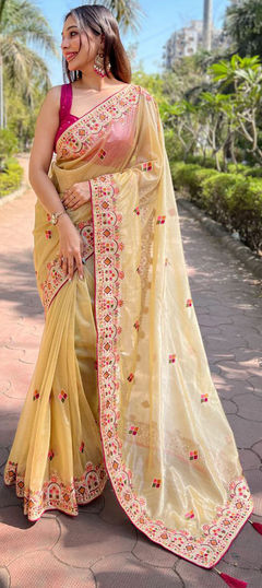 Gold color Saree in Organza Silk fabric with Embroidered, Resham, Thread work