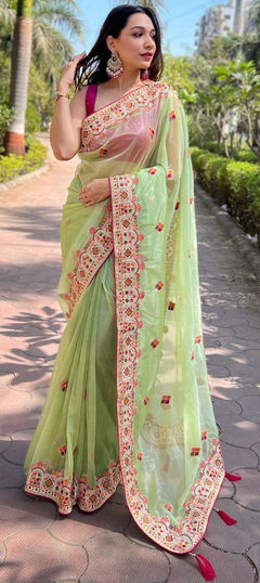 Green color Saree in Organza Silk fabric with Embroidered, Resham, Thread work