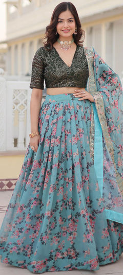 Engagement, Reception, Wedding Blue color Lehenga in Silk fabric with Flared Embroidered, Floral, Printed, Sequence work : 1950333