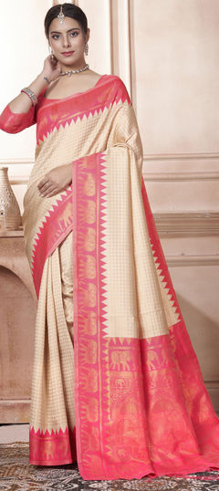 Party Wear, Traditional Beige and Brown color Saree in Kanjeevaram Silk fabric with South Weaving work : 1950340