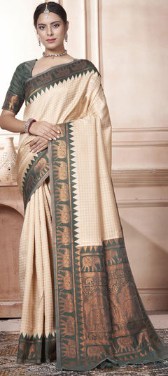 Party Wear, Traditional Beige and Brown color Saree in Kanjeevaram Silk fabric with South Weaving work : 1950344