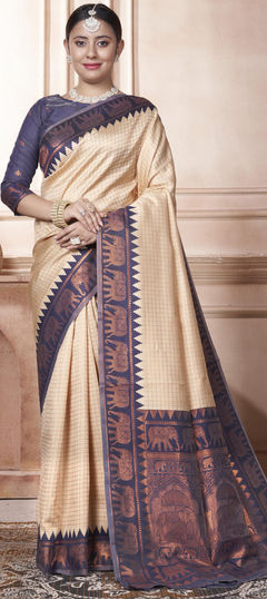 Party Wear, Traditional Beige and Brown color Saree in Kanjeevaram Silk fabric with South Weaving work : 1950348