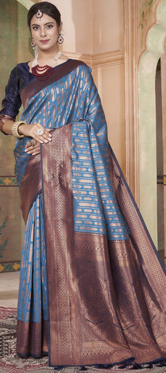 Party Wear, Traditional Black and Grey color Saree in Kanjeevaram Silk fabric with South Weaving work : 1950354