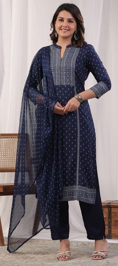 Blue color Salwar Kameez in Rayon fabric with Bugle Beads, Printed, Sequence work