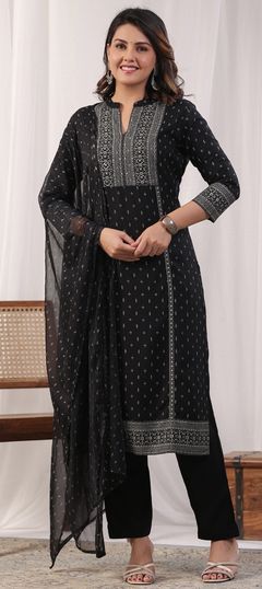 Black and Grey color Salwar Kameez in Rayon fabric with Bugle Beads, Printed, Sequence work