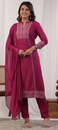 Pink and Majenta color Salwar Kameez in Rayon fabric with Bugle Beads, Printed, Sequence work