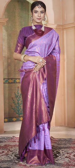 Party Wear, Traditional Purple and Violet color Saree in Kanjeevaram Silk fabric with South Weaving work : 1950374