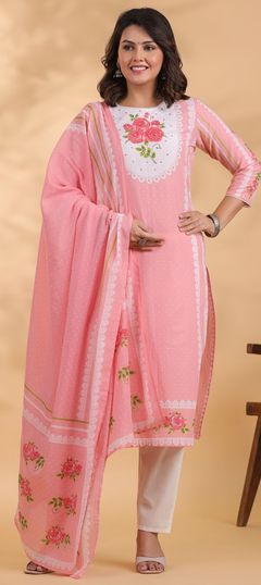 Pink and Majenta, White and Off White color Salwar Kameez in Cotton fabric with Bugle Beads, Floral, Printed, Thread work