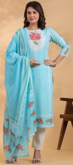 Blue color Salwar Kameez in Cotton fabric with Bugle Beads, Floral, Printed, Thread work