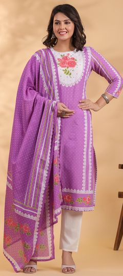 Purple and Violet, White and Off White color Salwar Kameez in Cotton fabric with Bugle Beads, Floral, Printed, Thread work