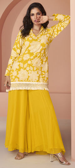 Yellow color Salwar Kameez in Faux Georgette fabric with Embroidered, Lace, Resham, Sequence work