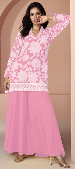 Pink and Majenta color Salwar Kameez in Faux Georgette fabric with Embroidered, Lace, Resham, Sequence work