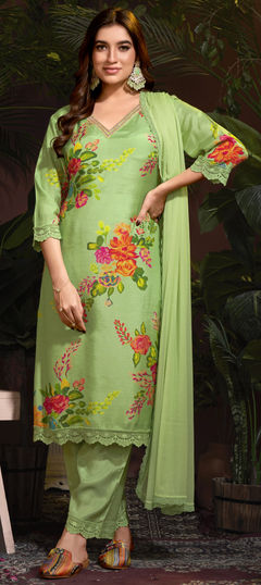 Green color Salwar Kameez in Muslin fabric with Digital Print, Embroidered, Floral, Lace work