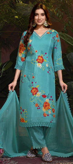 Blue color Salwar Kameez in Muslin fabric with Digital Print, Embroidered, Floral, Lace work