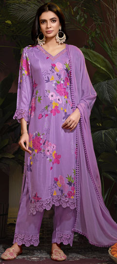 Purple and Violet color Salwar Kameez in Muslin fabric with Digital Print, Embroidered, Floral, Lace work