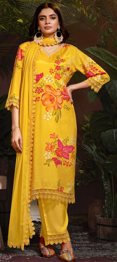 Yellow color Salwar Kameez in Muslin fabric with Digital Print, Embroidered, Floral, Lace work