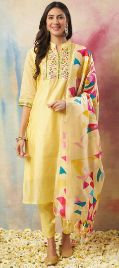 Yellow color Salwar Kameez in Chanderi Silk fabric with Embroidered, Resham, Thread work