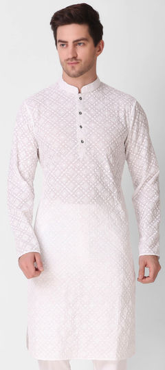 Party Wear White and Off White color Kurta in Cotton fabric with Embroidered, Sequence work : 1950528