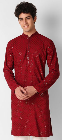 Party Wear Red and Maroon color Kurta in Cotton fabric with Embroidered, Sequence work : 1950531