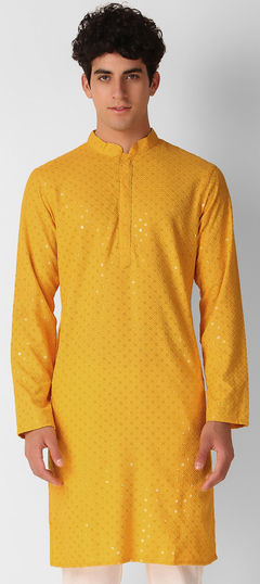 Party Wear Yellow color Kurta in Cotton fabric with Embroidered, Sequence work : 1950532