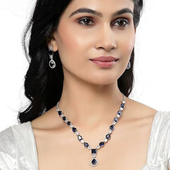 Gold Rodium Polish Blue color Necklace in Metal Alloy studded with Austrian diamond