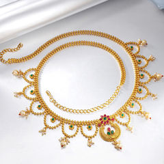 Gold Rodium Polish Red and Maroon color Waist Chain in Metal Alloy studded with CZ Diamond, Kundan