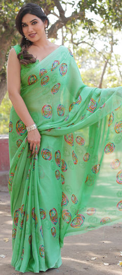 Green color Saree in Chiffon fabric with Block Print work