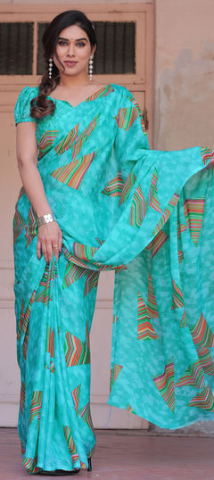 Blue color Saree in Chiffon fabric with Printed work