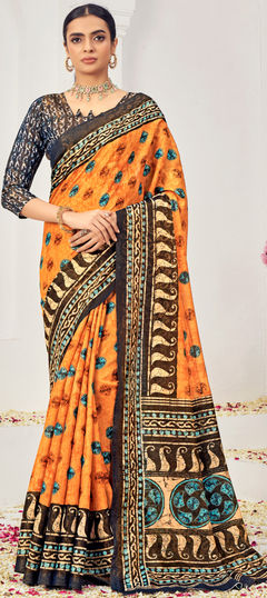 Orange color Saree in Viscose fabric with Digital Print, Floral, Weaving work
