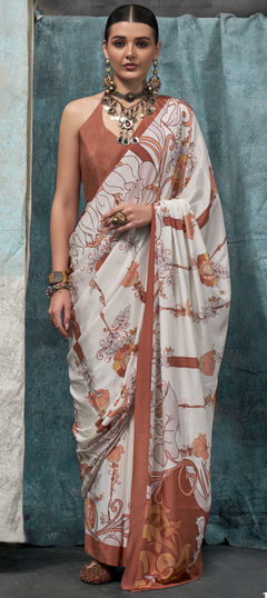 White and Off White color Saree in Art Silk fabric with Floral, Printed work