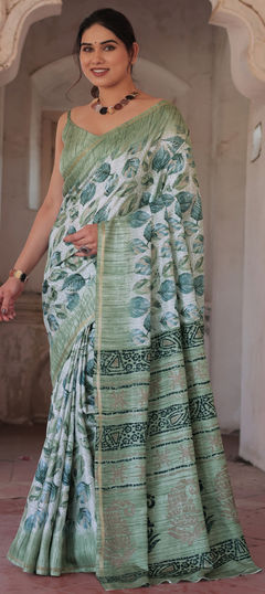 Black and Grey color Saree in Blended fabric with Printed work