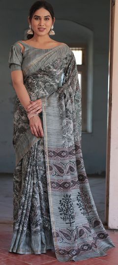 Black and Grey color Saree in Blended fabric with Printed work