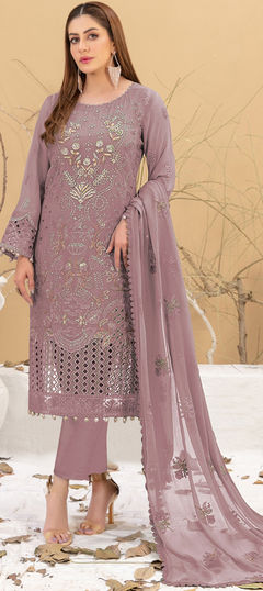 Purple and Violet color Salwar Kameez in Faux Georgette fabric with Embroidered, Sequence, Thread work