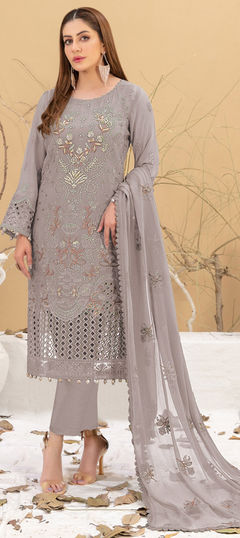 Beige and Brown color Salwar Kameez in Faux Georgette fabric with Embroidered, Sequence, Thread work