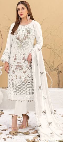 White and Off White color Salwar Kameez in Faux Georgette fabric with Embroidered, Sequence, Thread work