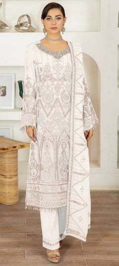 White and Off White color Salwar Kameez in Faux Georgette fabric with Embroidered, Thread work